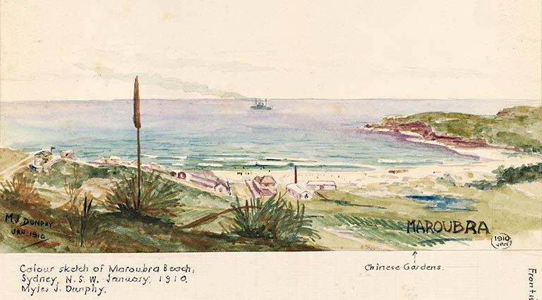 Colour Sketch of Maroubra Beach, Sydney, NSW January 1910, Myles J Dunphy. Courtesy: MLMSS4457, Mitchell Library, SLNSW.