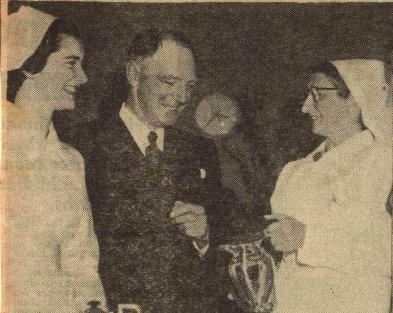 THE FORMER medical superintendent of Prince Henry Hospital, Dr C. J. M. Walters, shown with nurse Yvonne Arnold (left), matron H. Croll, and nurse Barbara Ross (right).