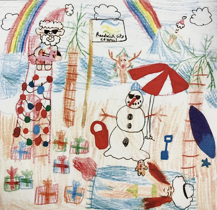 The runner-up illustration by May of Kensington Public School. A child's illustration of a snowman and Christmas presents on a beach.