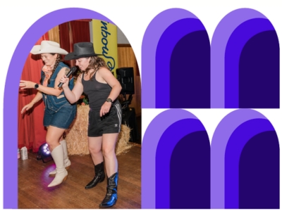 Two women are line dancing in cowgirl hats