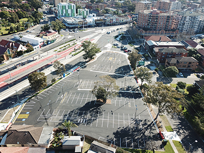 Birdseye view of carpark on the corner of Anzac Parade and Rainbow Street
