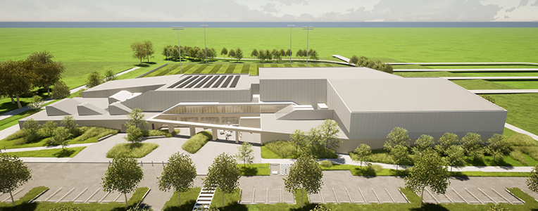 Artist impression of the Heffron Centre with rooftop solar panels, designed by CO-OP Studio