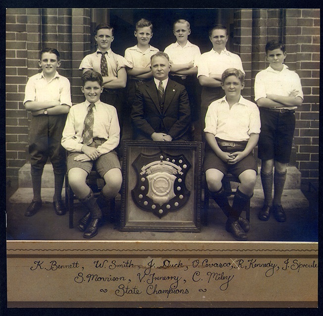 Coogee Public School state swimming team 1935 with Mr Roy Trennery