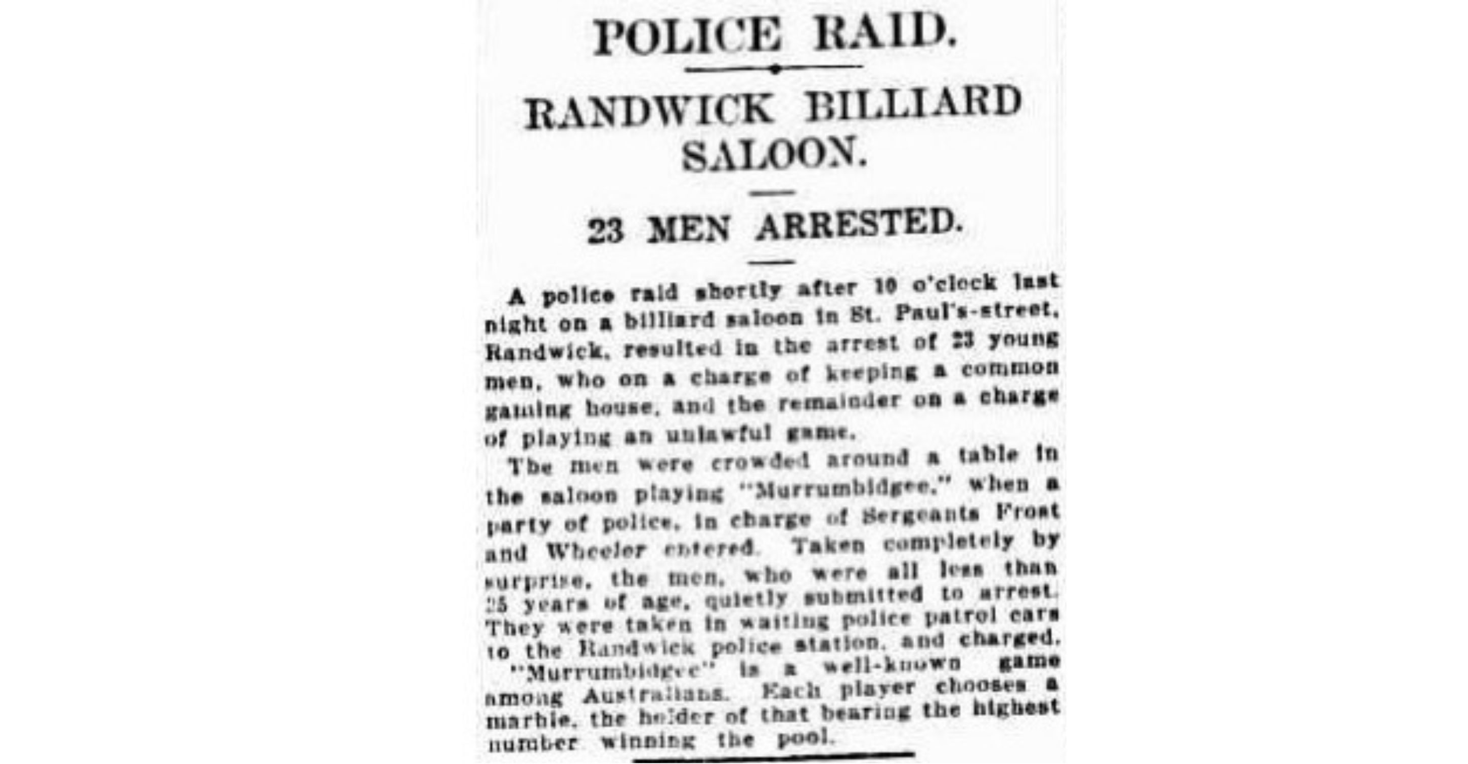 Image of an excerpt from the Sydney Morning Herald in 1928, reporting the arrest of young men for illegal gambling at the billard hall in Randwick.