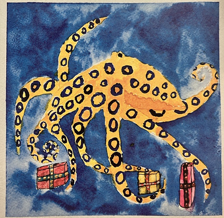 The runner-up illustration by Oscar of International French School in Maroubra. A child's illusration of a yellow-orange octopus holding Christmas presents.