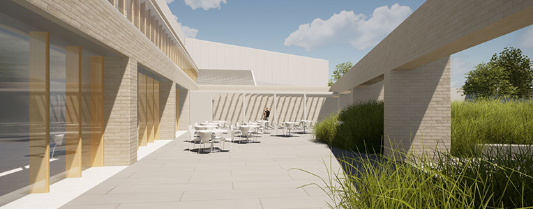 Artist impression of the Heffron Centre entry and plaza area, designed by CO-OP Studio
