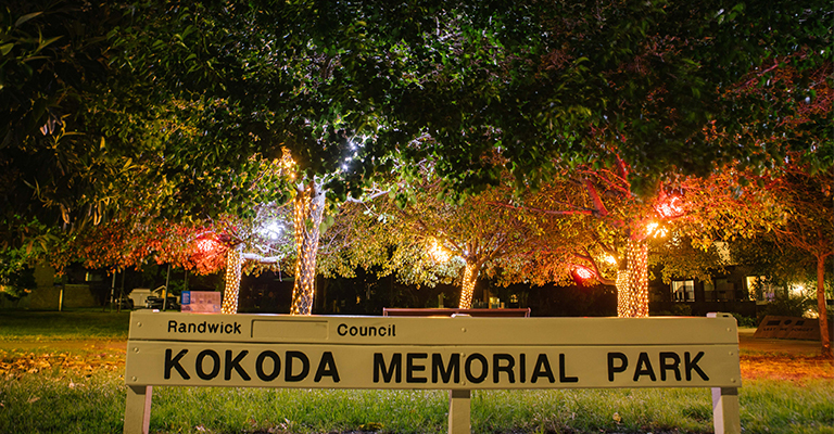 Beautiful lit up trees in Kokoda Park.