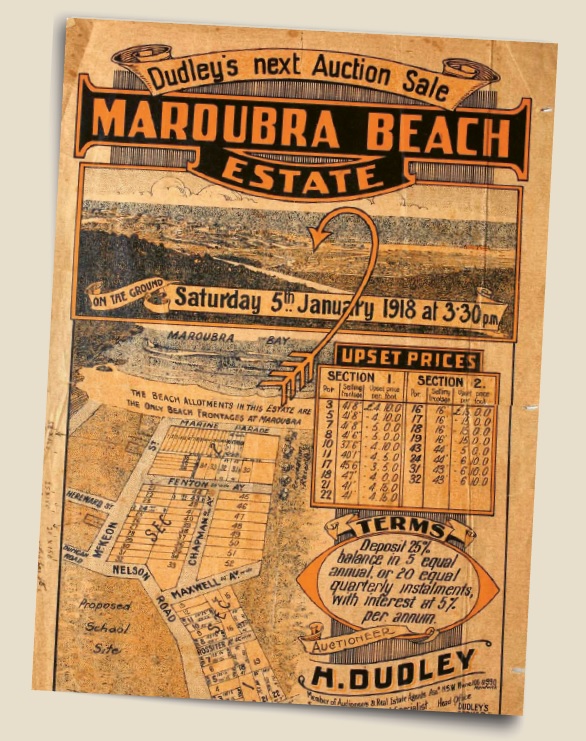 A 1918 print advertisement for the auction of land in the Maroubra Beach Subdivision