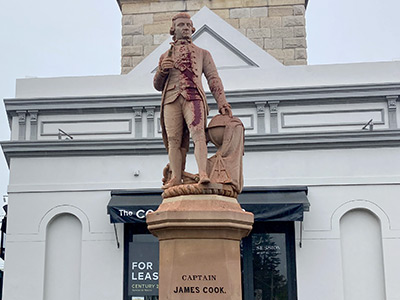 The vandalised statue of Captain Cook in Randwick