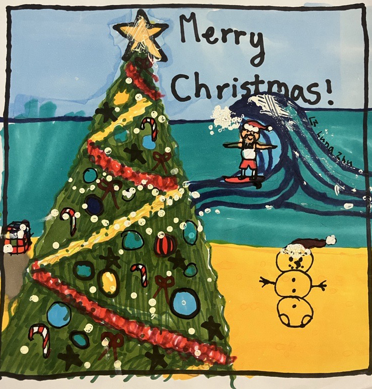 The winning illustration by Luna of St Mary - St Joseph Catholic Primary School in Maroubra. A child's illustration of a Christmas tree, a snowman on the beach and Santa surfing.