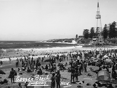 A black and white picture of the Coogee shark net pylons