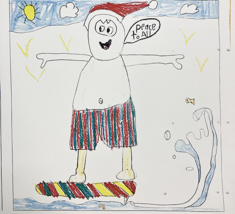The winning illustration by Ike of Our Lady of the Sacred Heart Randwick. A child's illustration of Santa surfing