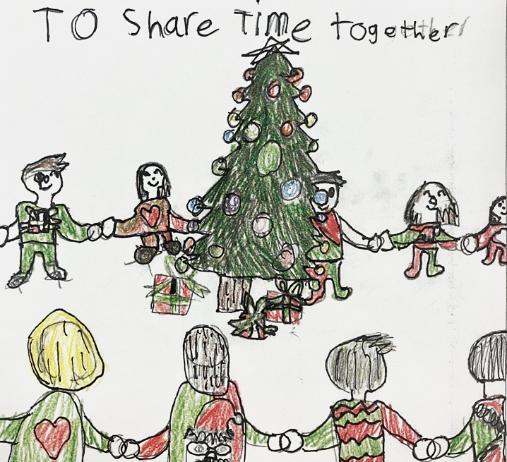 Year 3 student Zoe of La Perouse Public School received a special commendation from the Mayor for her entry. A child's illustration of people holding hands around a Christmas tree.