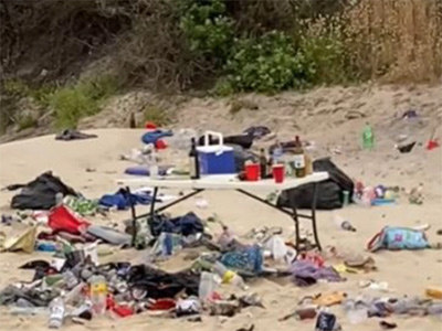 Rubbish left on Yarra Bay Beach on 29 November 2020 following an illegal party.