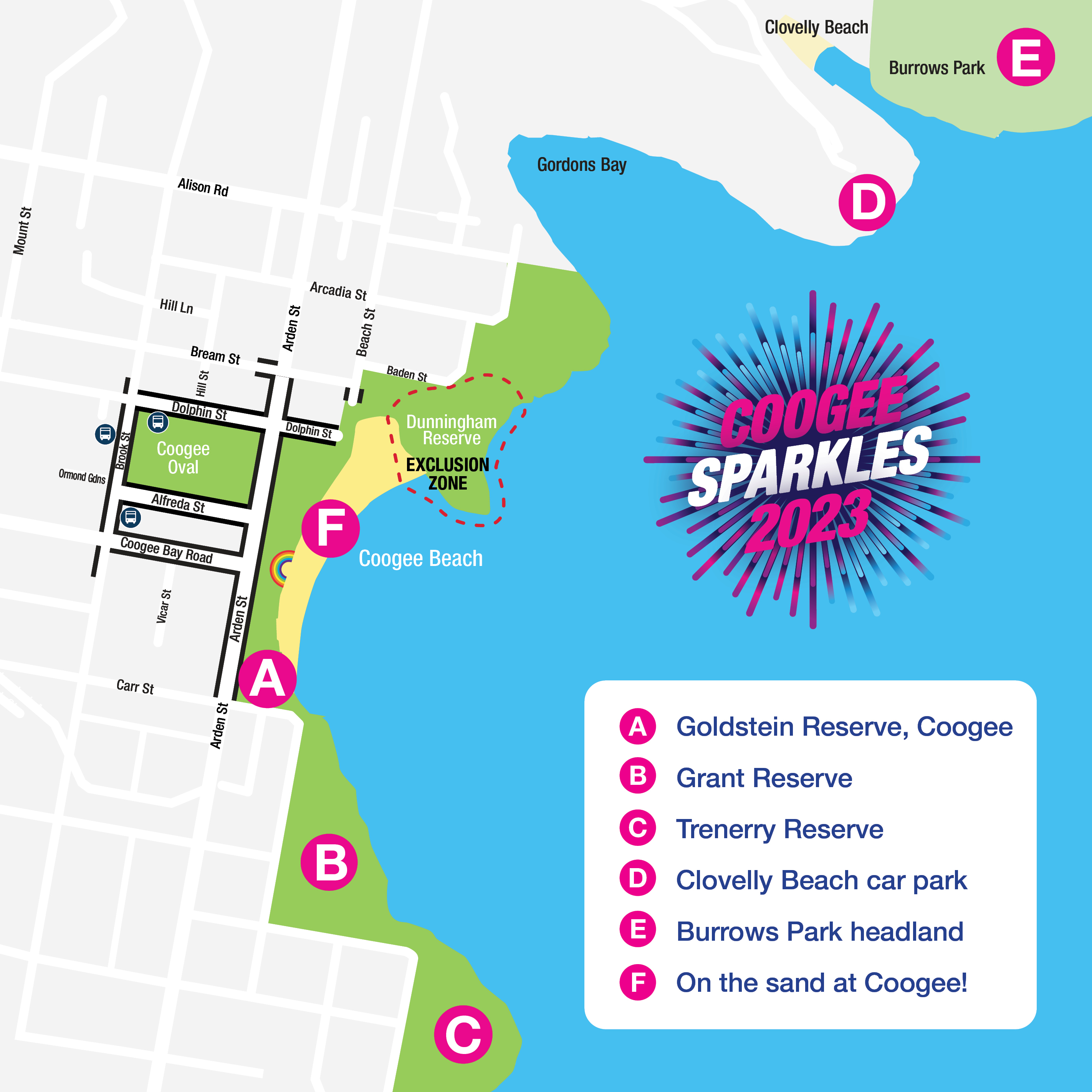 Map of fireworks vantage points in Coogee and Clovelly