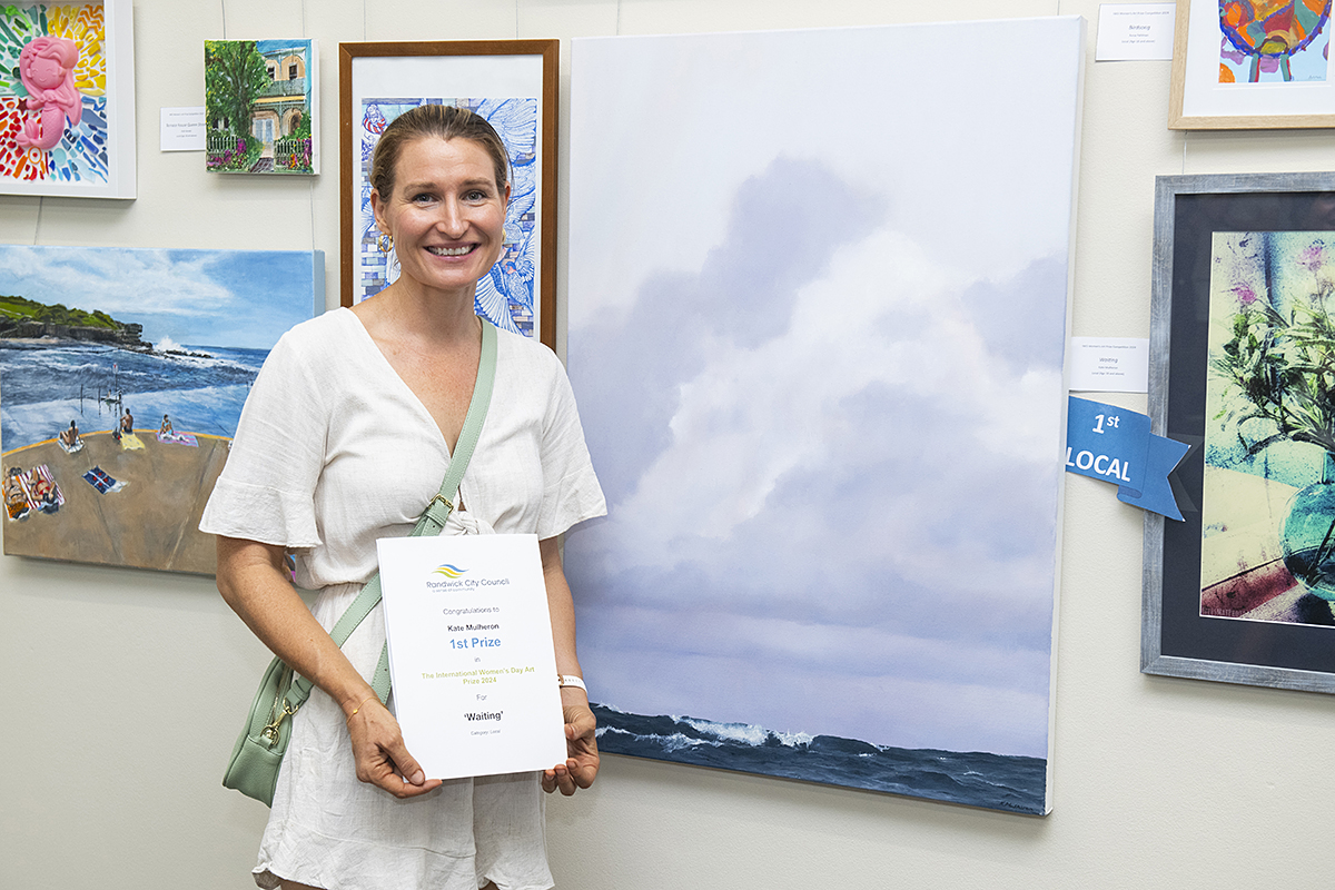 Photo of 2024 Women's Art Prize Local category winner Kate Mulheron and her artwork.
