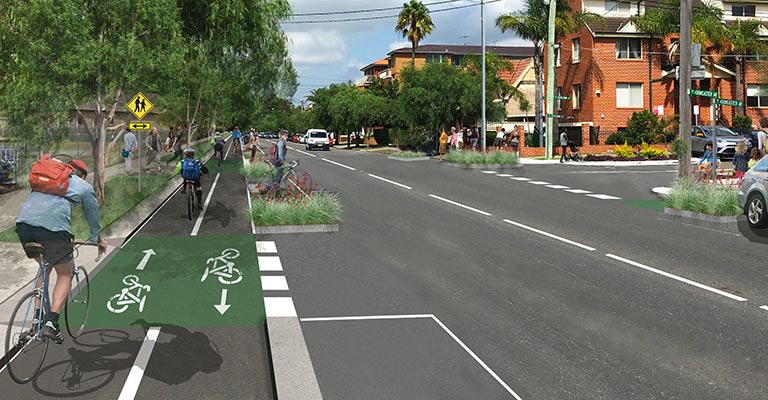 Artist impression of the Kingsford to Centennial Park Cycleway on Doncaster Avenue. 