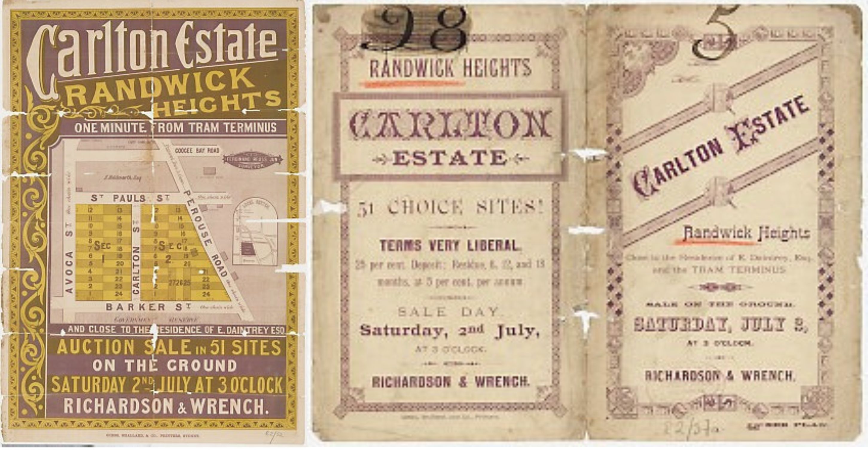 Images of a poster advertising a land auction in, what is referred to as, Randwick Heights. Picture courtesy of the State Library of NSW. Adjacent, two-fold image of an advertisement for a land sale of Carlton Estate in Randwick Heights.