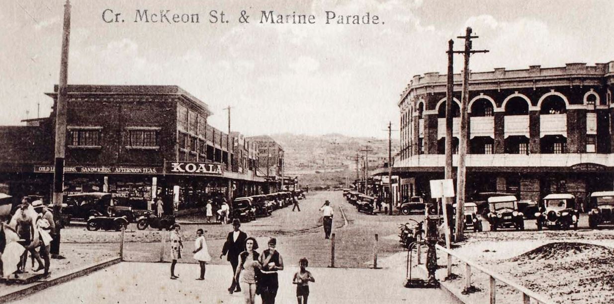 Old sepia photo from a postcard, taken at the corner of McKeon St & Marine Pde