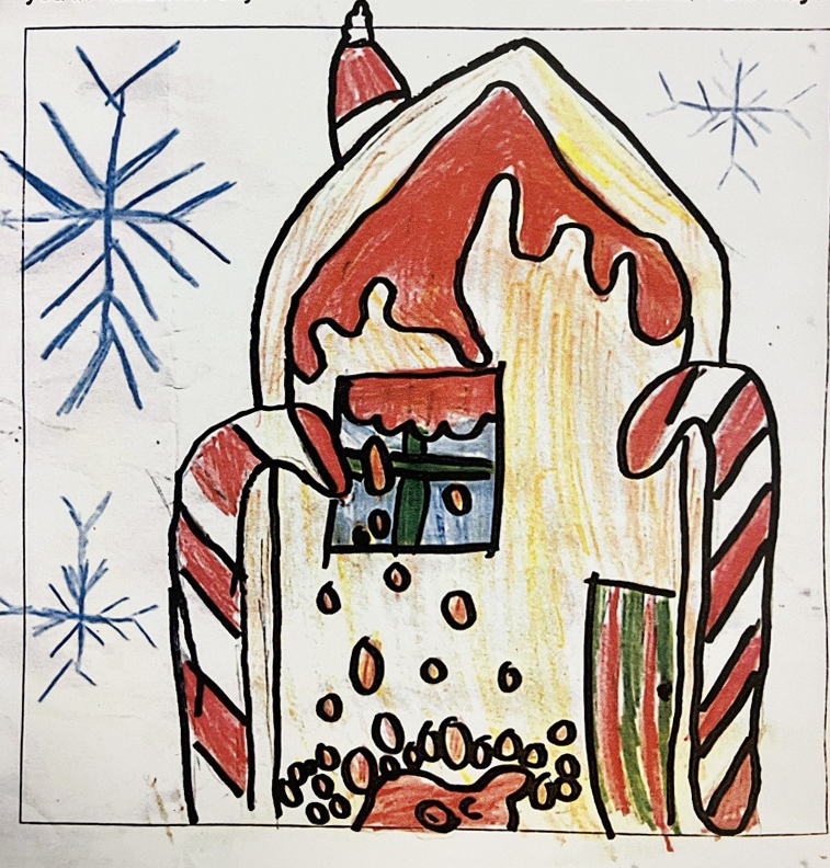 The runner-up illustration by Mason of Chifley Public School. A child's illustration of a candy cane house.