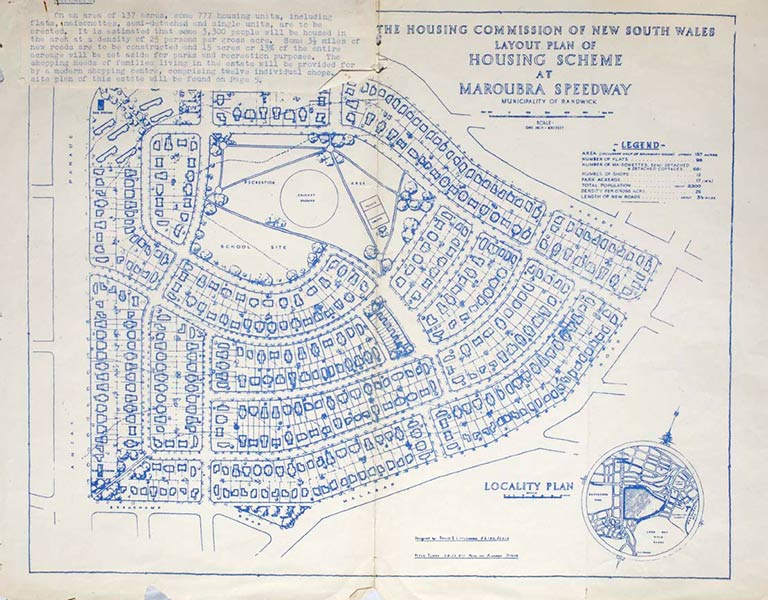 The blueprint for the Maroubra housing subdivision, “Housing Scheme at Maroubra Speedway” c 1947, Courtesy: Randwick City Library