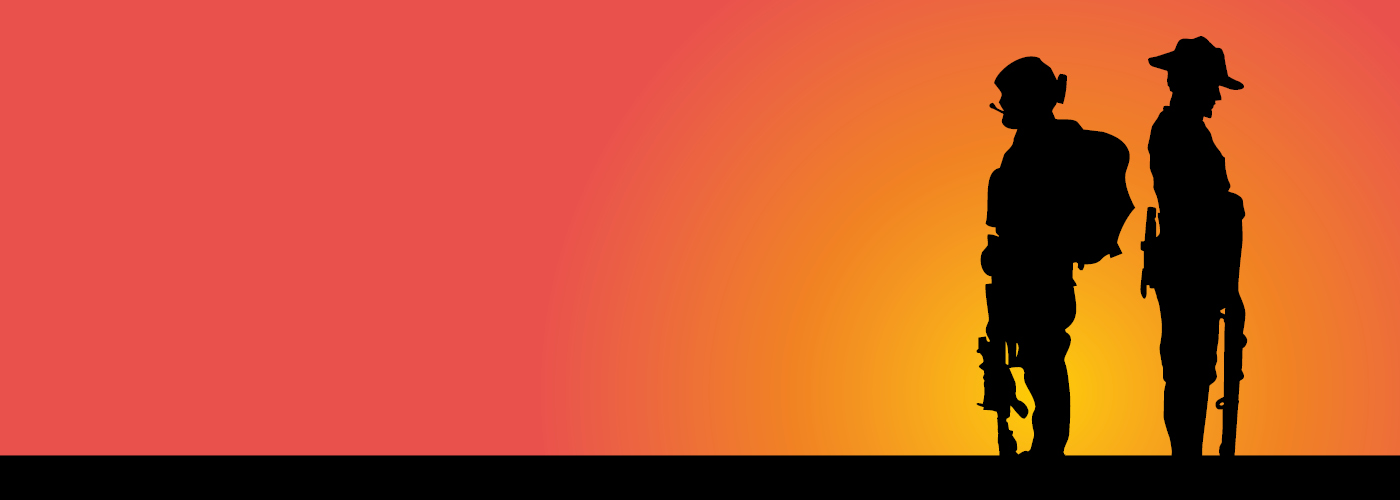 Silhouette of 2 soldiers standing in the horizon 