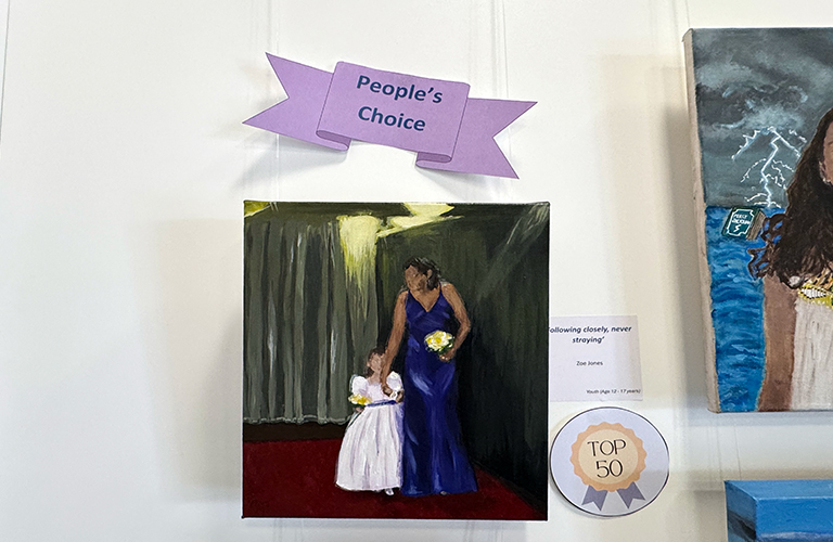 A painting of a woman wearing a blue evening dress and holding the hand of a child, who is wearing a white dress.