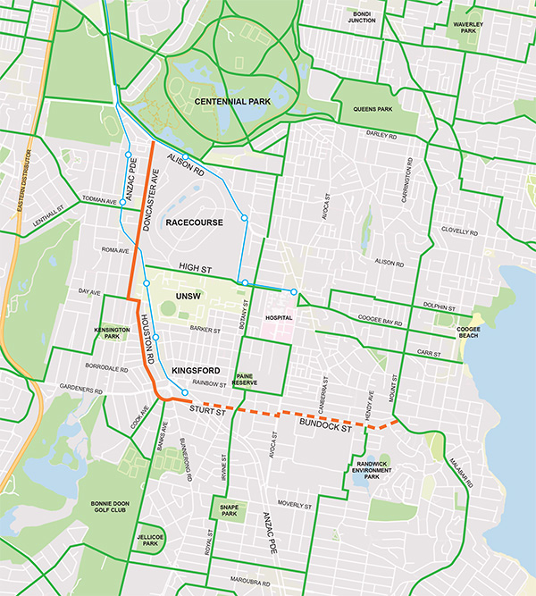 Kingsford to Centennial Park map showing cycle improvements route