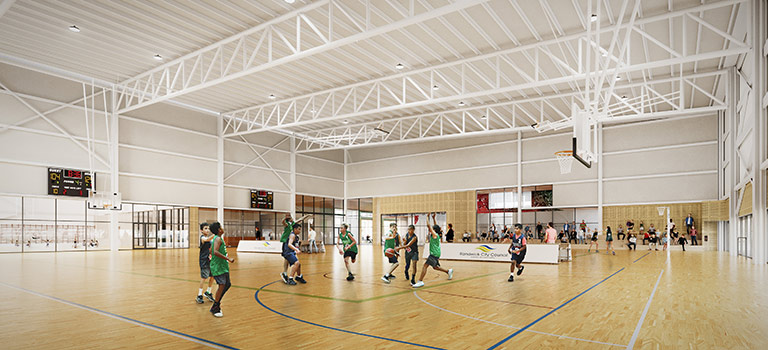 Inside the indoor sports centre.