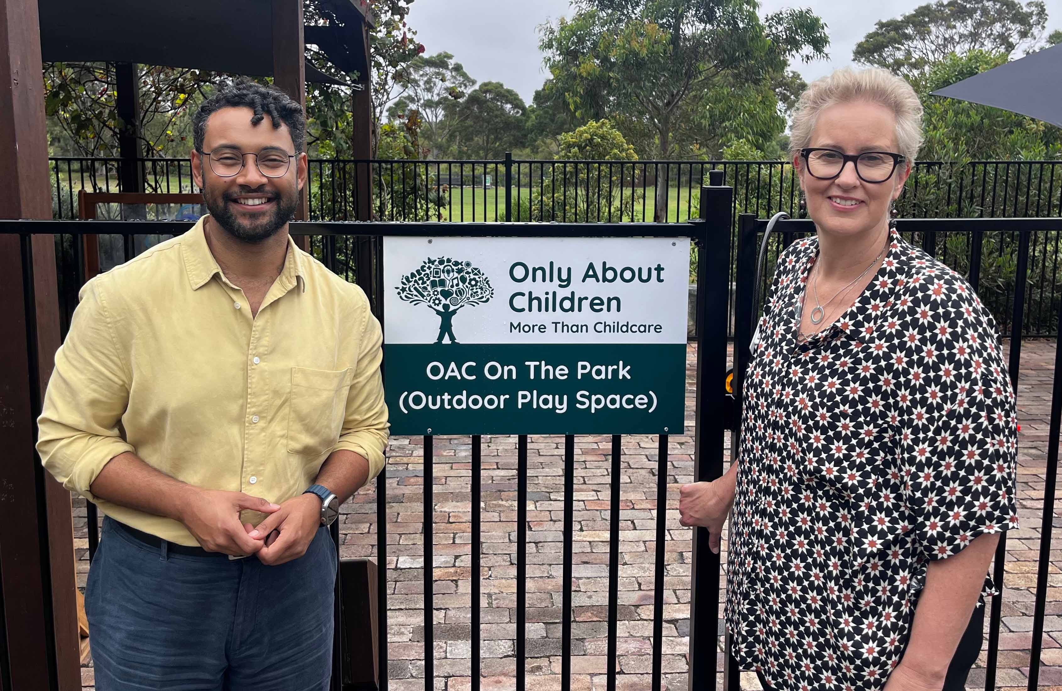 Randwick Mayor Dylan Parker with Only About Children CEO Anna Learmonth outside the new temporary space. A photo of Dylan Parker and Only About Children CEO Anna Learmonth