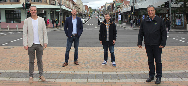 Coogee business owners Brenton McHatton (Little Jack Horner), Rory Duncan (Coogee Bay Hotel) and Blake Read (Beach Burrito Co) want to see Coogee Bay Road activated. Mayor Danny Said pictured right.