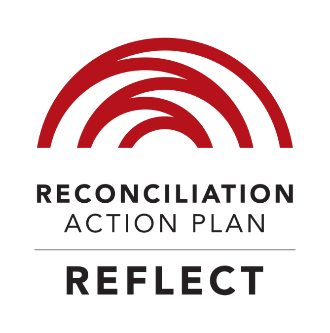 logo featuring a rising sun and text "reconciliation action plan - reflect"